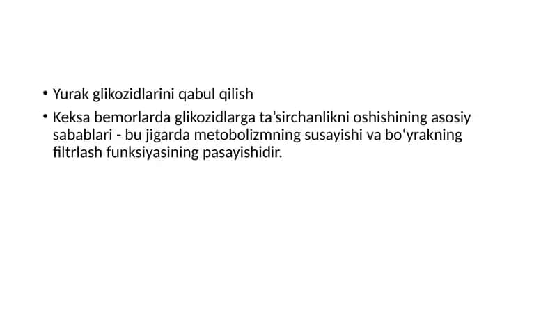 Yurak glikozidlari. Yurak qon tomir tizimiga ta`sir qiladigan vositalar. 4