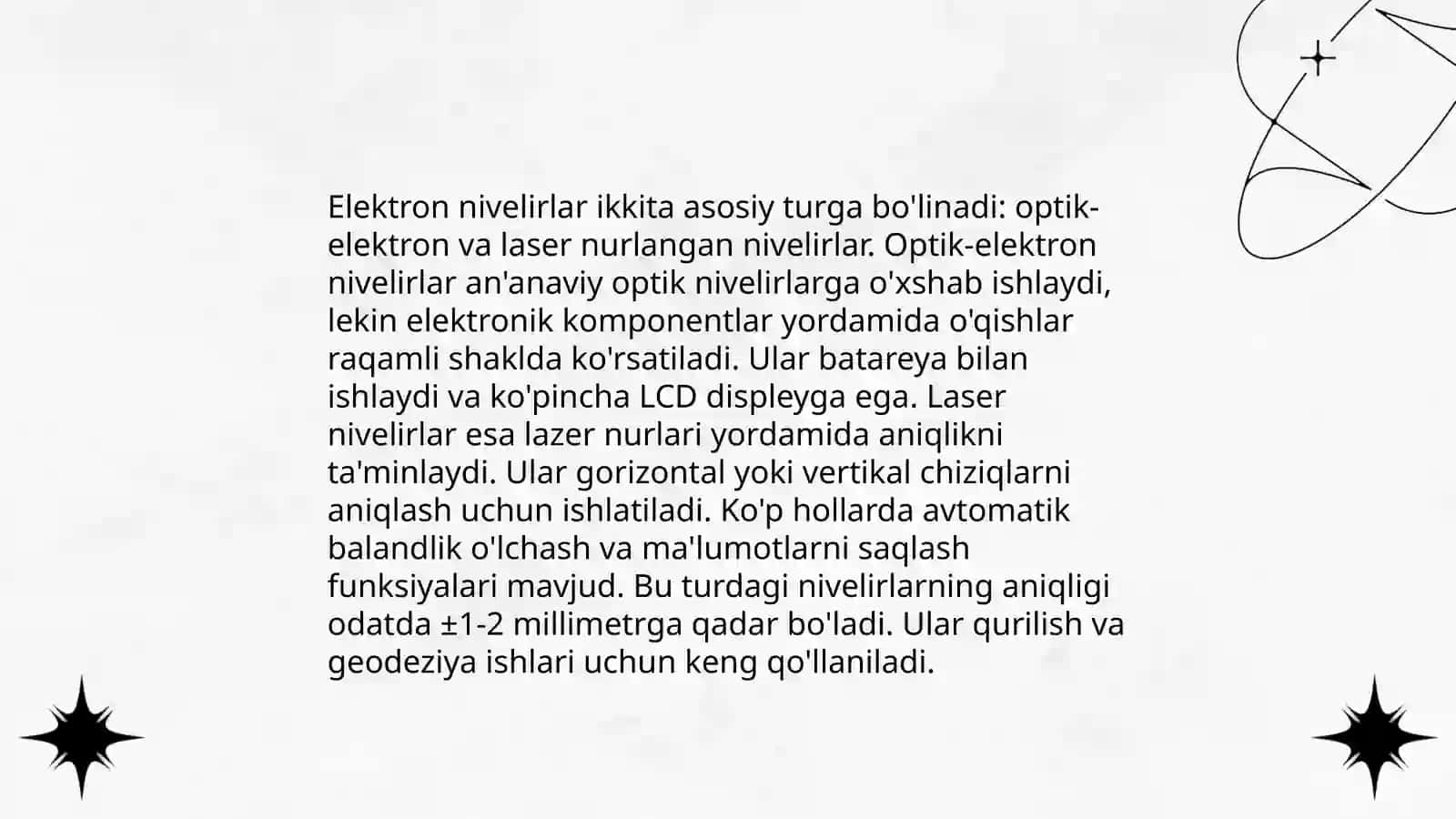 Optik, elektron nivelirlarni tasnifi, tuzilishi va qisimlarini hamda nisbiy balandliklarini o‘lchash tartibini o’rganish 4