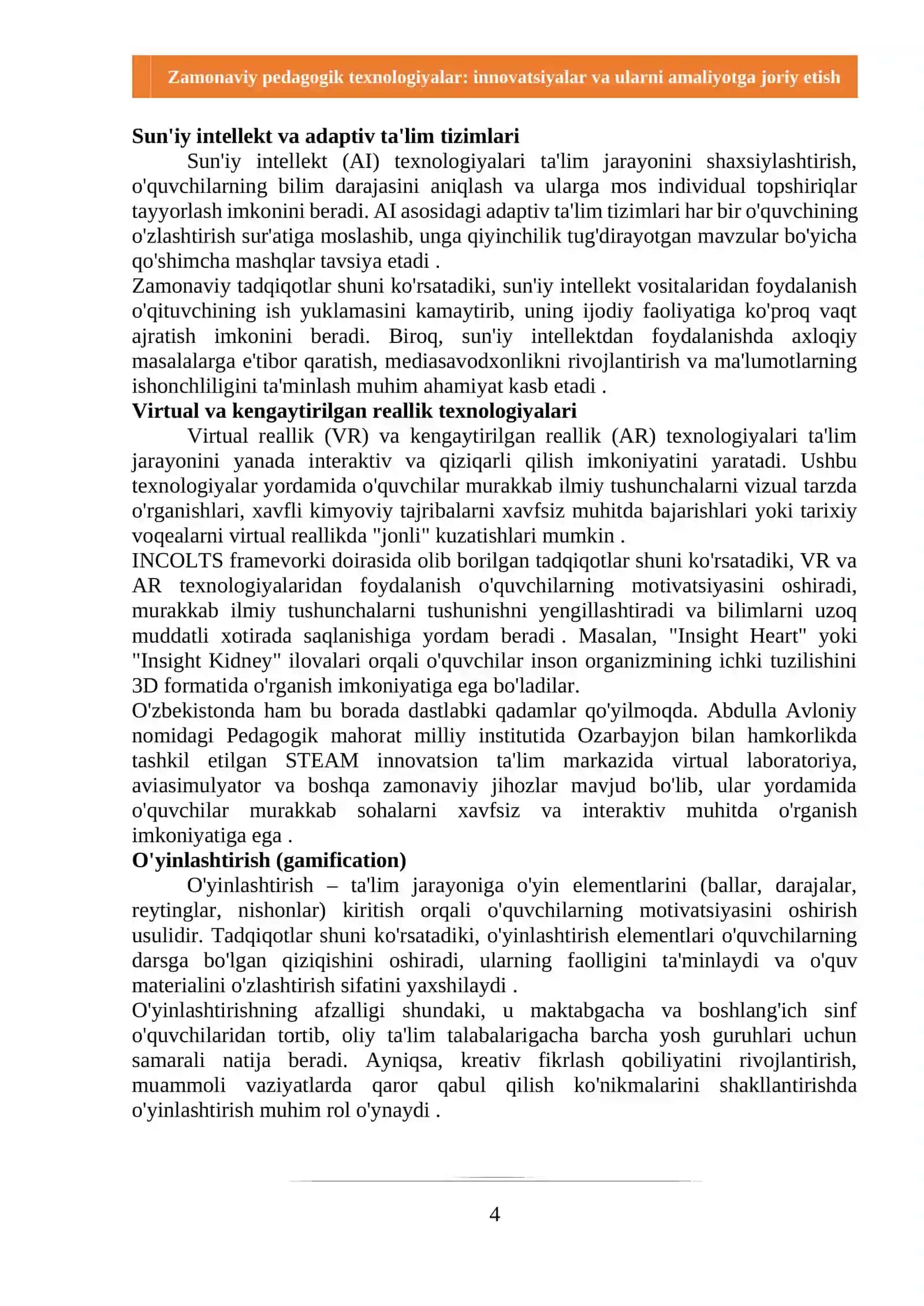 Zamonaviy pedagogik texnologiyalar: innovatsiyalar va ularni amaliyotga joriy etish 4