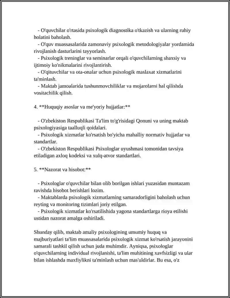 MUSTAQIL ISH Mavzu: MAKTAB AMALIY PSIXOLOGNING HUQUQ VA MAJBURIYATLARI 4