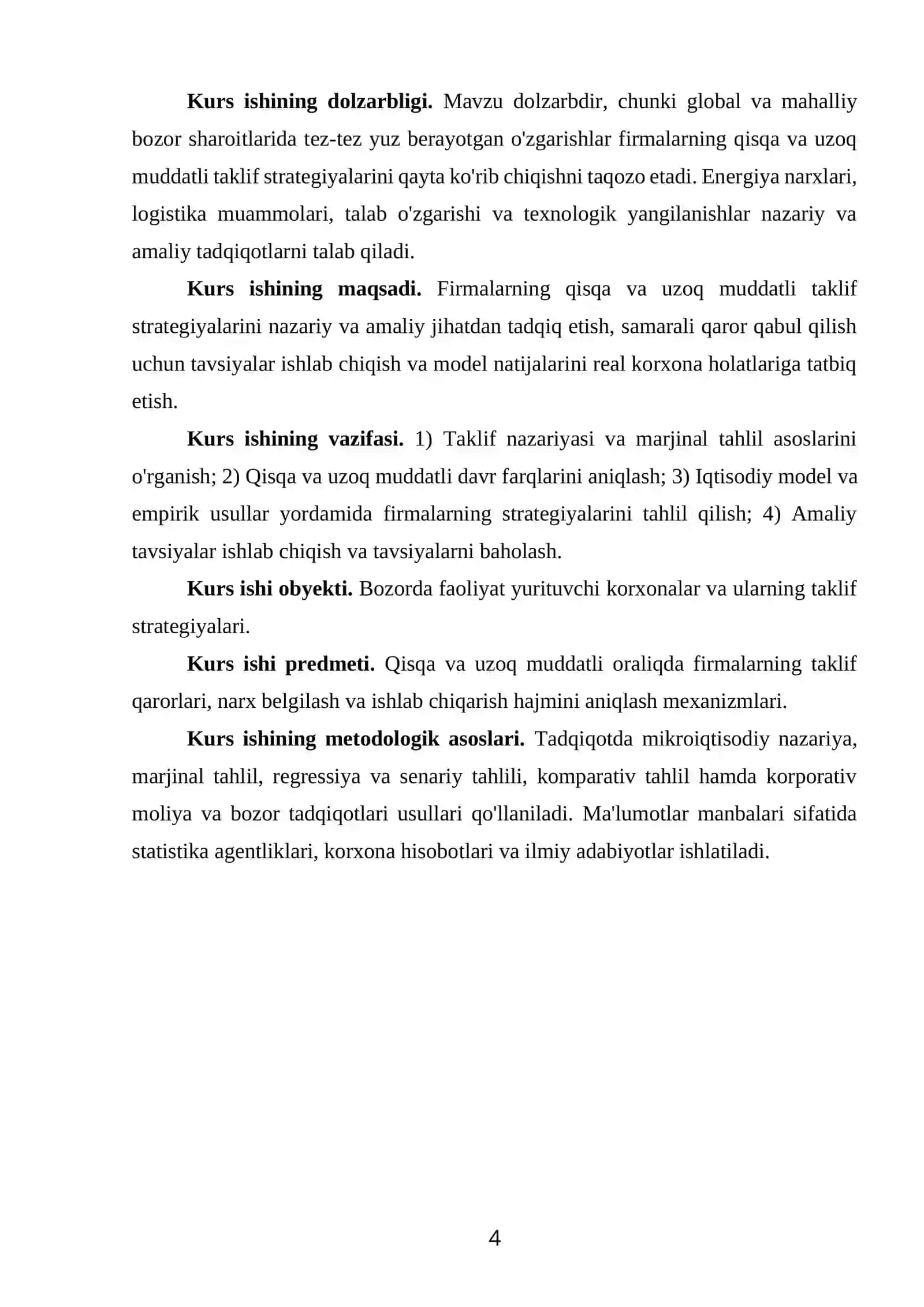 “QISQA VA UZOQ MUDDATLI ORALIQDA FIRMANING TAKLIF STRATEGIYASI” MAVZUSIDAGI KURS ISHI 4