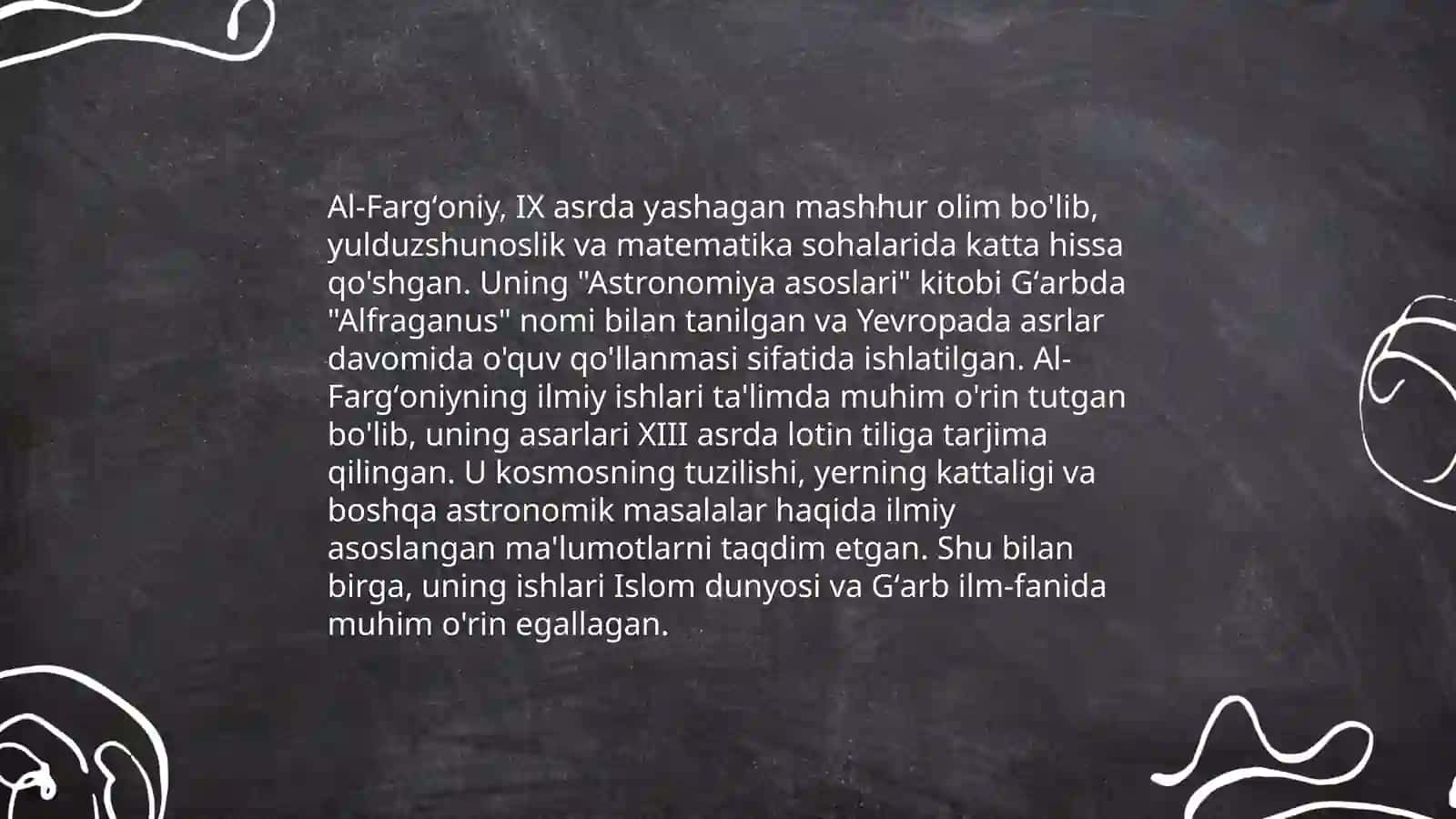 Sharq mutafakkirlari (At-Termiziy, al-Fargʻoniy, Forobiy,Ibn Sino,Beruniy, Yusuf Xos Xojib va Kaykovus va boshqa mutafakkirlarning pedagogik ulushi) haqida 4