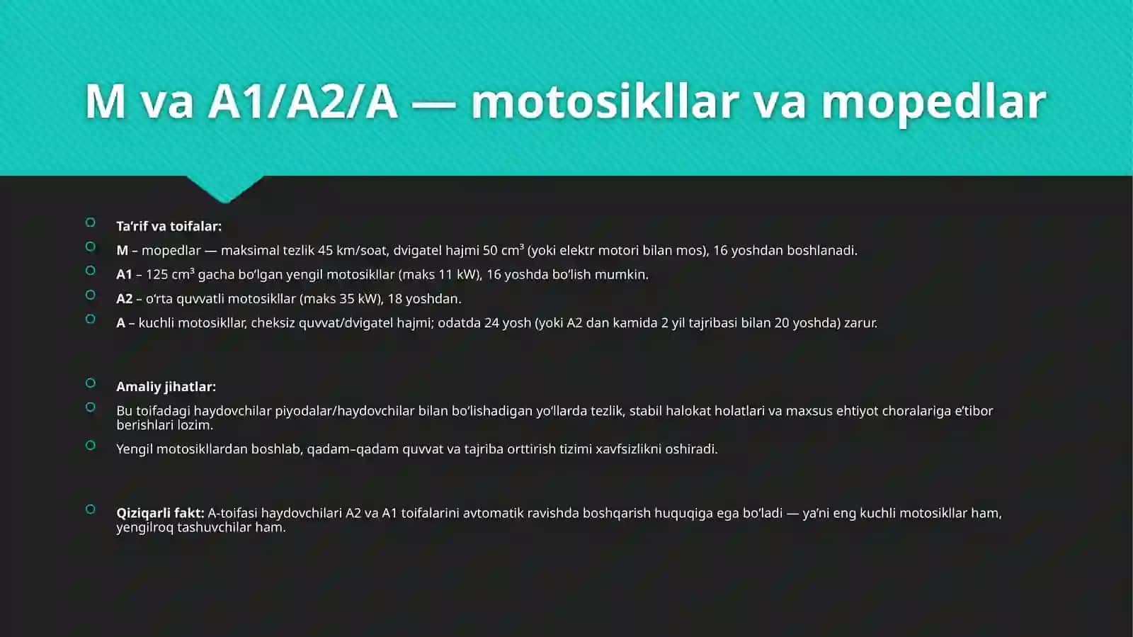 Turkiyada Avtomototransport Vositalari Haydovchilarini Tayyorlash va Qayta Tayyorlash Toifalari. Klassifikatsiya va Ta'riflar 4
