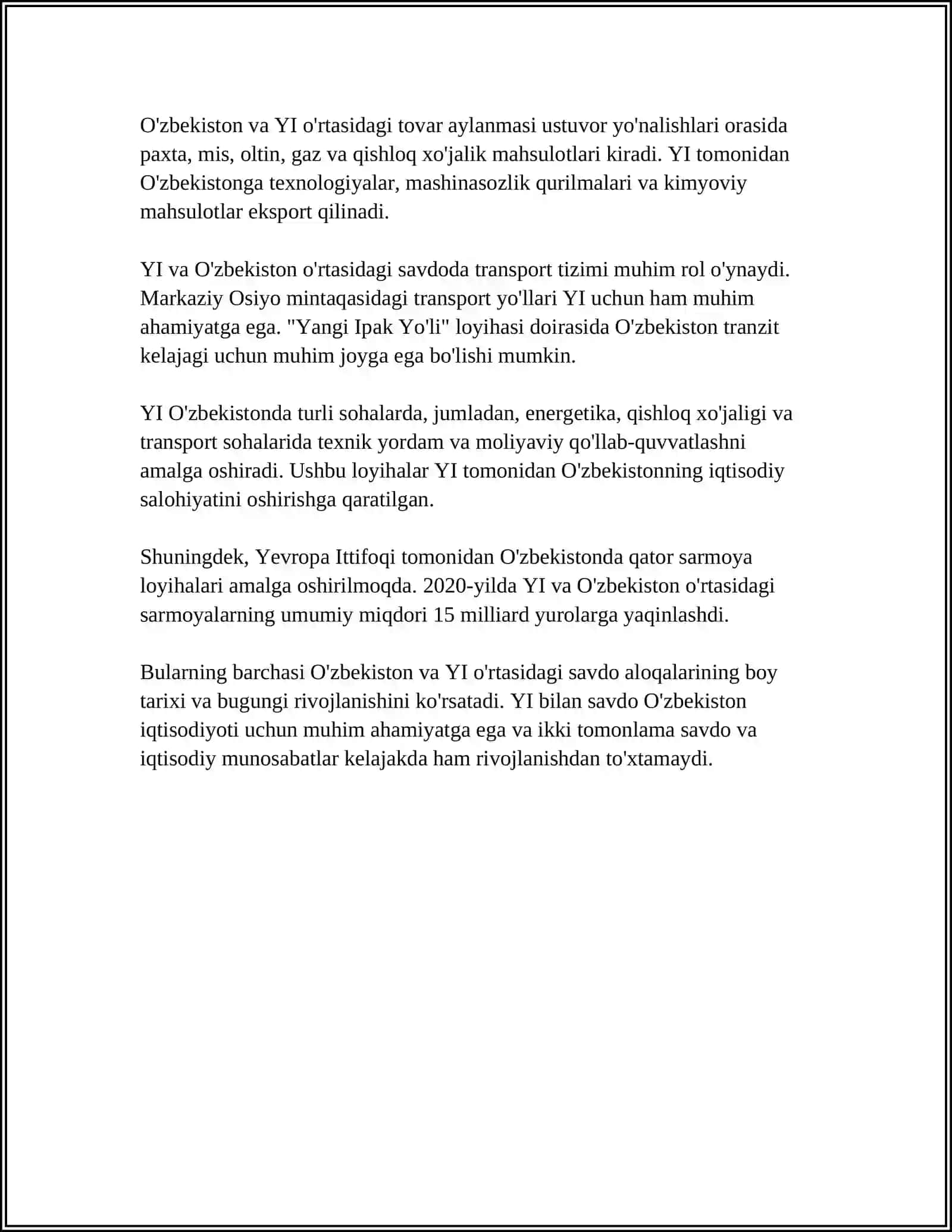 YEVROPA ITTIFOQI VA OʻZBEKISTON: SAVDO VA DIPLOMATIK ALOQALAR 4