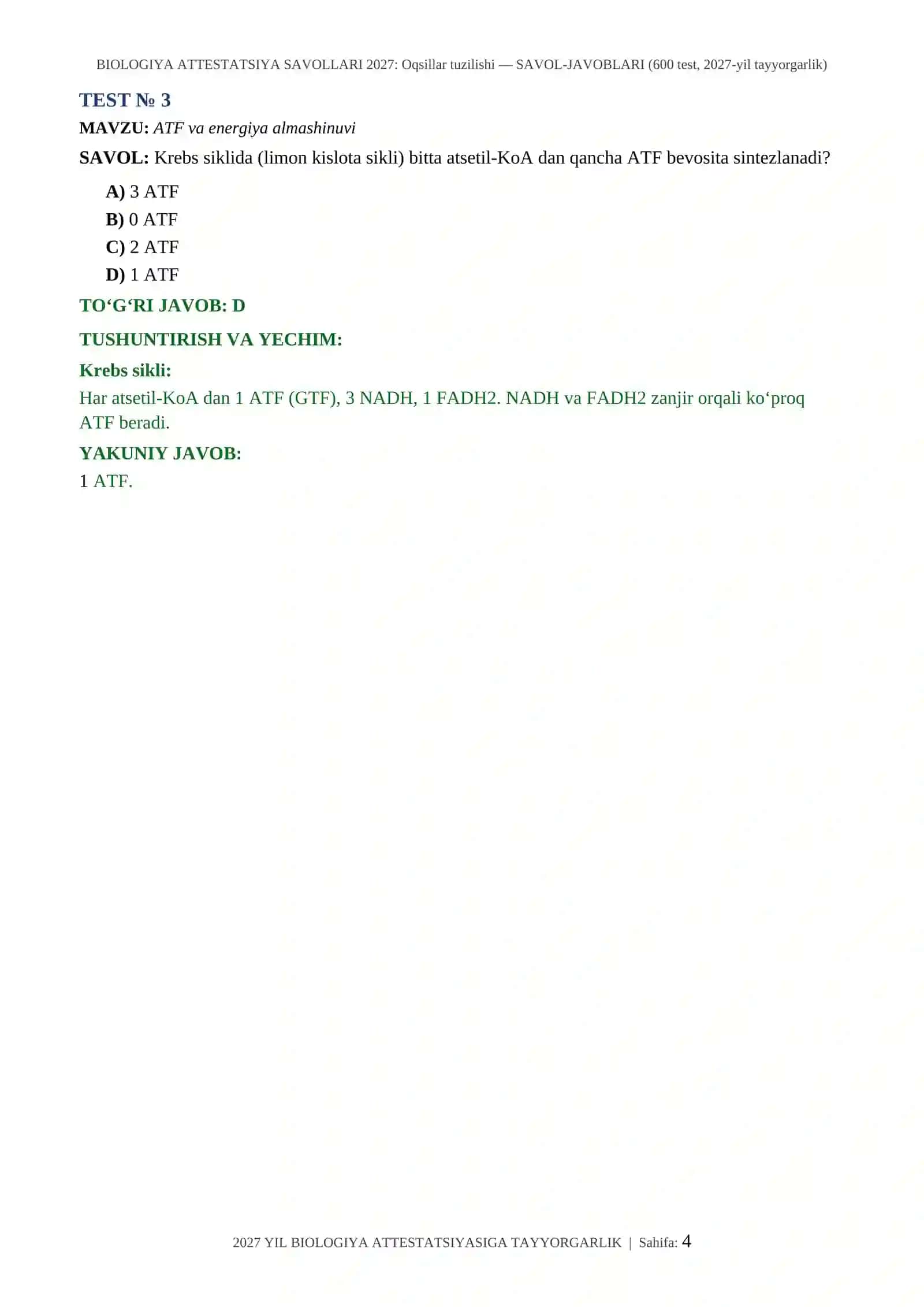 BIOLOGIYA ATTESTATSIYA SAVOLLARI 2027: Oqsillar tuzilishi — SAVOL-JAVOBLARI (600 test, 2027-yil tayyorgarlik) 4
