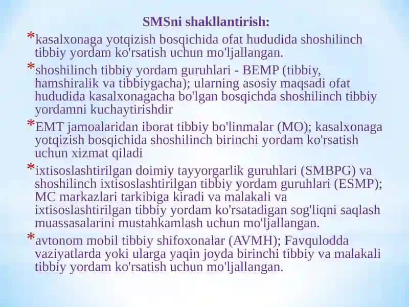 Favqulodda vaziyatlar va ofatlarda tez yordam va shoshilinch tibbiy yordamni tashkil etish 4