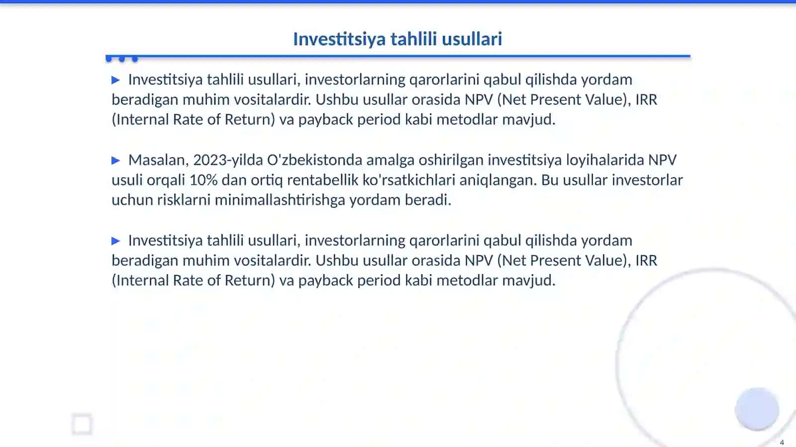 Situatsion tahlil va investitsiyani bashoratlash 4