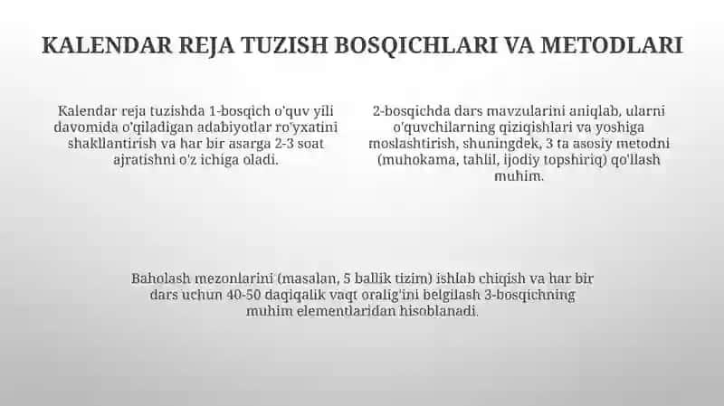 Sinfdan tashqari o’qish darslari taqvim rejasini tuzish 4