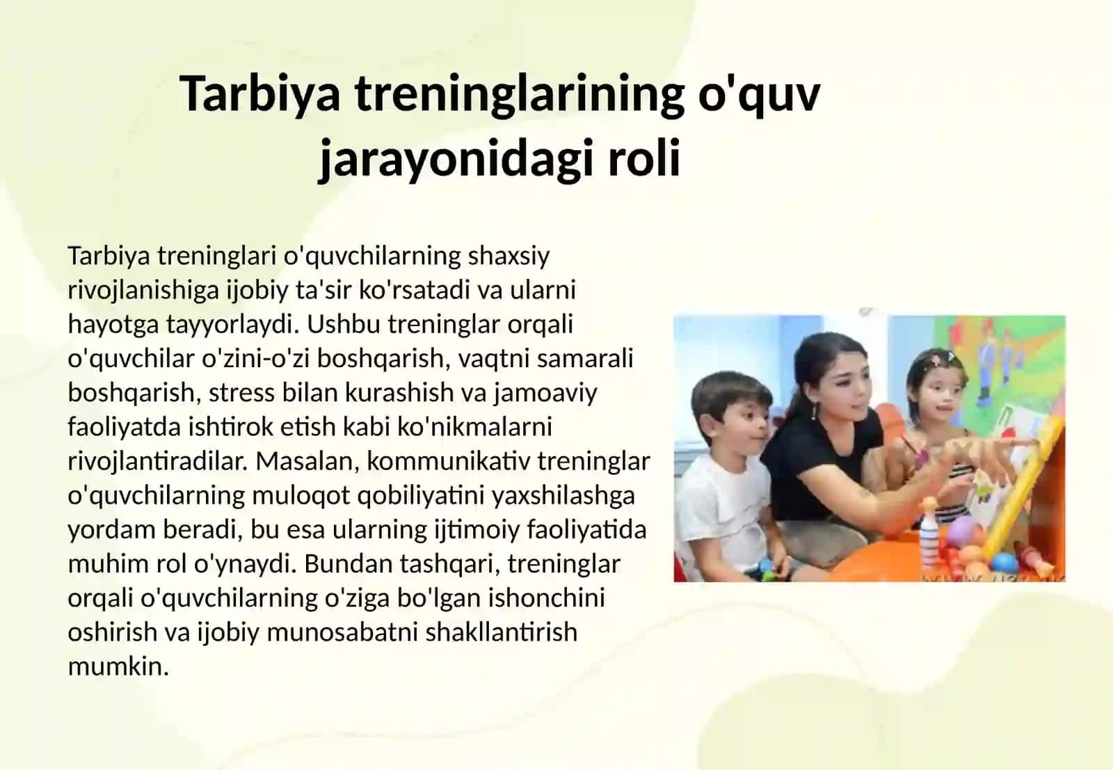 Tarbiyaviy ishlar jarayonida pedagogik ta'sir etish usullari va tarbiya treninglaridan foydalanish 4