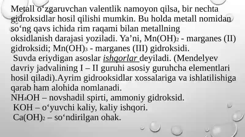 OKSIDLAR VA ASOSLARNING OLINISHI, XOSSALARI VA ISHLATILISHI 4