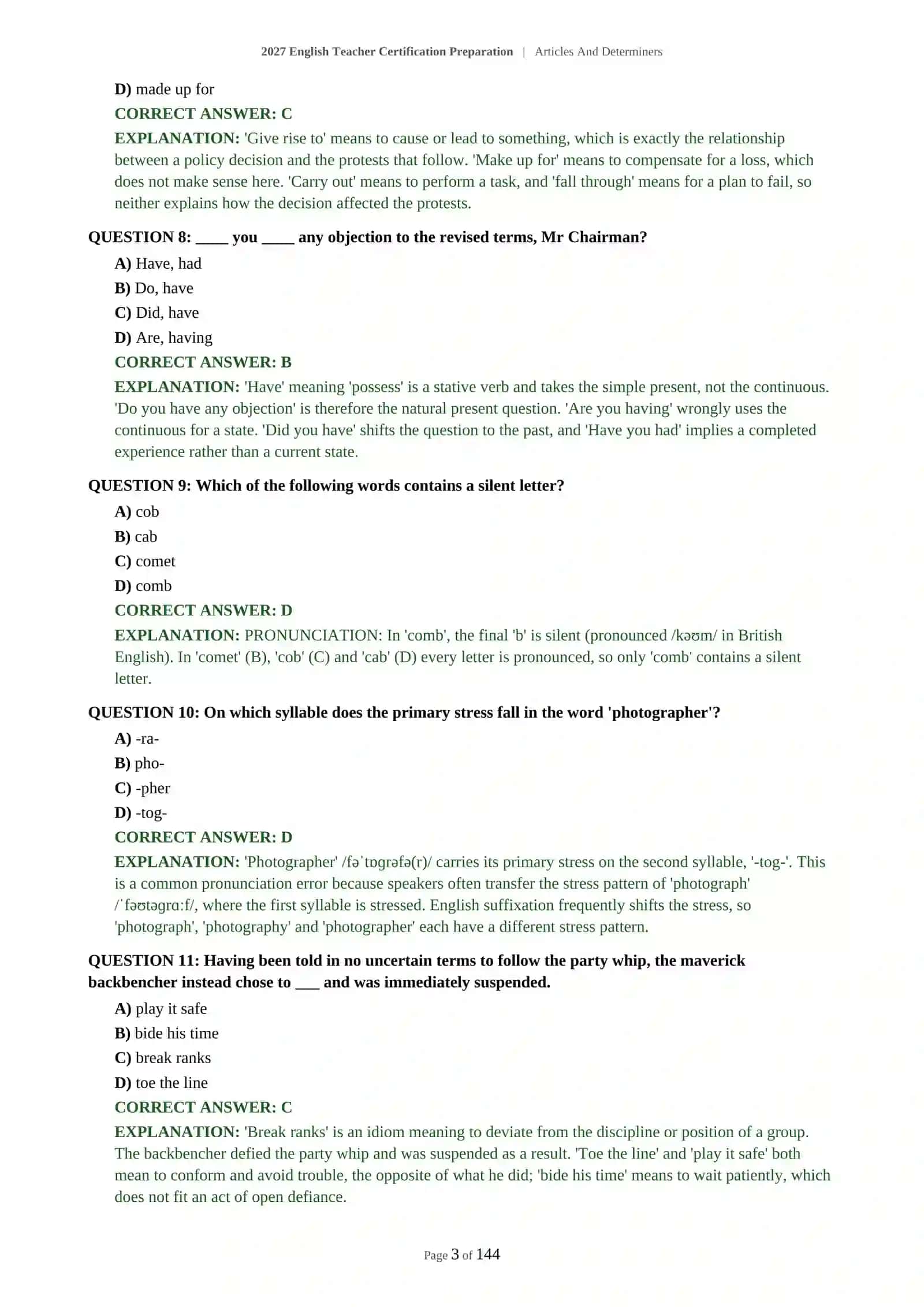 C1-C2 ENGLISH TEACHER CERTIFICATION - ARTICLES AND DETERMINERS - 2027 CERTIFICATION PREPARATION (600 QUESTIONS) 4
