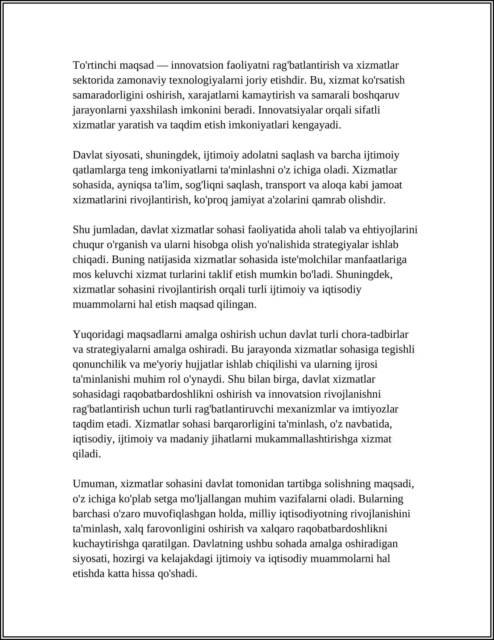 XIZMATLAR SOHASINI DAVLAT TMONIDAN TARTIBGA SOLISH: MAQSADLAR, ASOSIY YO'NALISHLAR, MUAMMOLAR 4