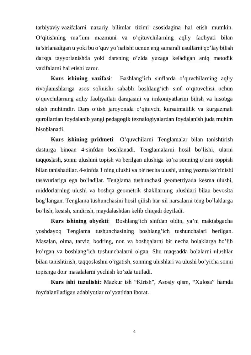 Boshlangʻich sinf oʼquvchilarida tenglama tushunchasini shakllantirish va masalalar yechishda undan foydalanish. 4