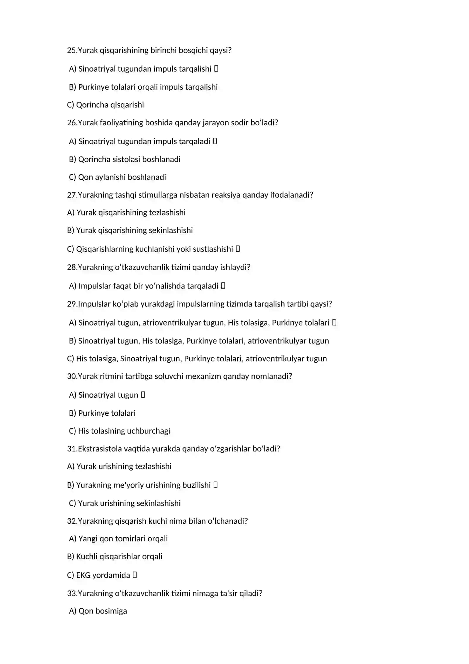 Yurak fiziologiyasi test savollari 4