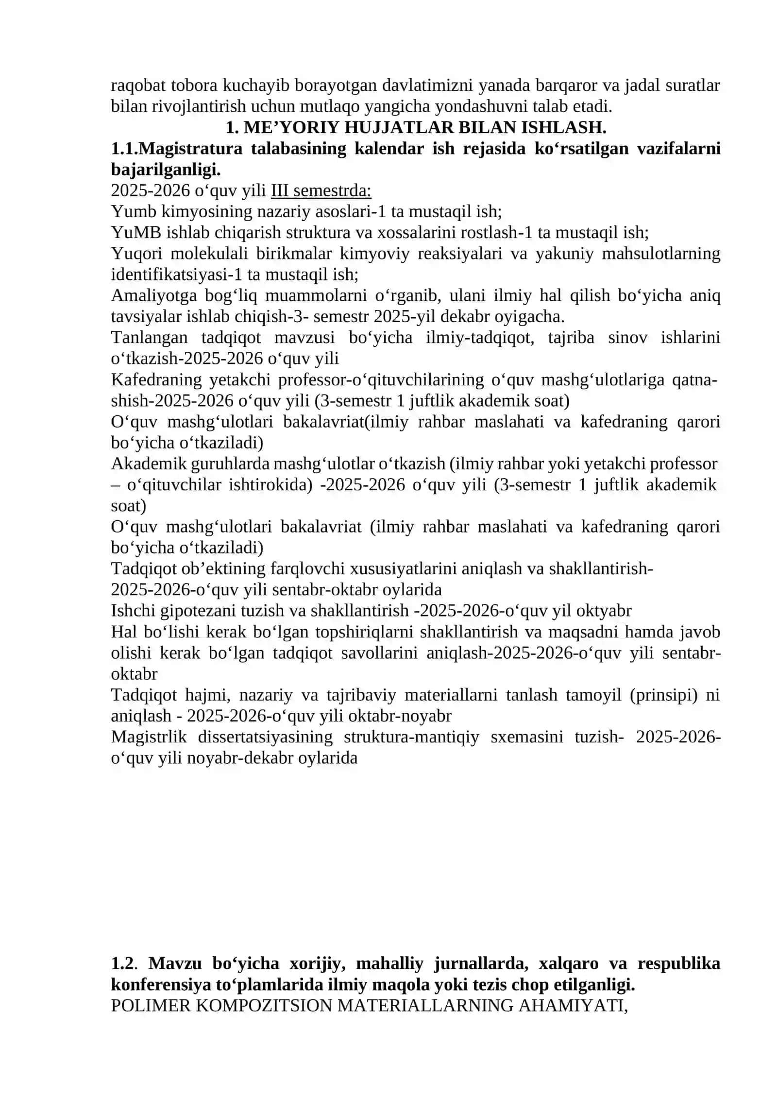 ILMIY TADQIQOT ISHI VA MAGISTRLIK DISSERTATSIYASINI TAYYORLASH HAMDA HIMOYA QILISH va ILMIY PEDAGIGIK ISHI BO‘YICHA HISOBOTI 4