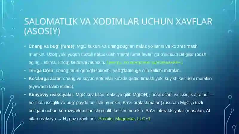 Magnezial bog'lovchilar. Bog'lovchi moddalar ishlab chiqarish sanitariyasi, texnika xavfsiligi, ekologik xavfsizlik 4