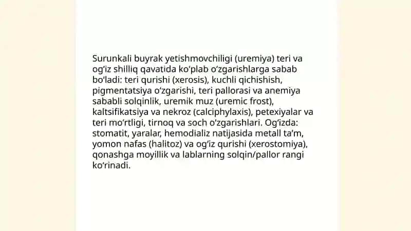 Ichki organlar kasalliklarining teri, og'iz bo'shlig'i shilliq qavati va lablarning qizil chegarasida nomoyon bo'lishi 4