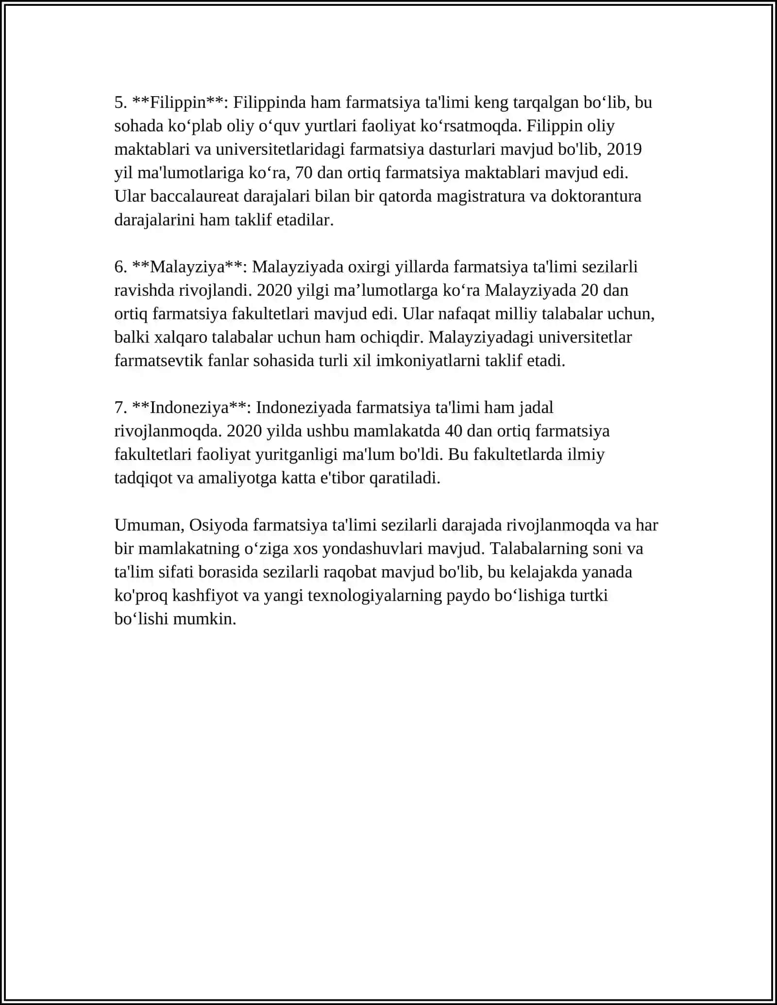 OSIYO MAMLAKATLARIDA FARMATSIYANI RIVOJLANISH O'ZIGA HOSLIGI 4