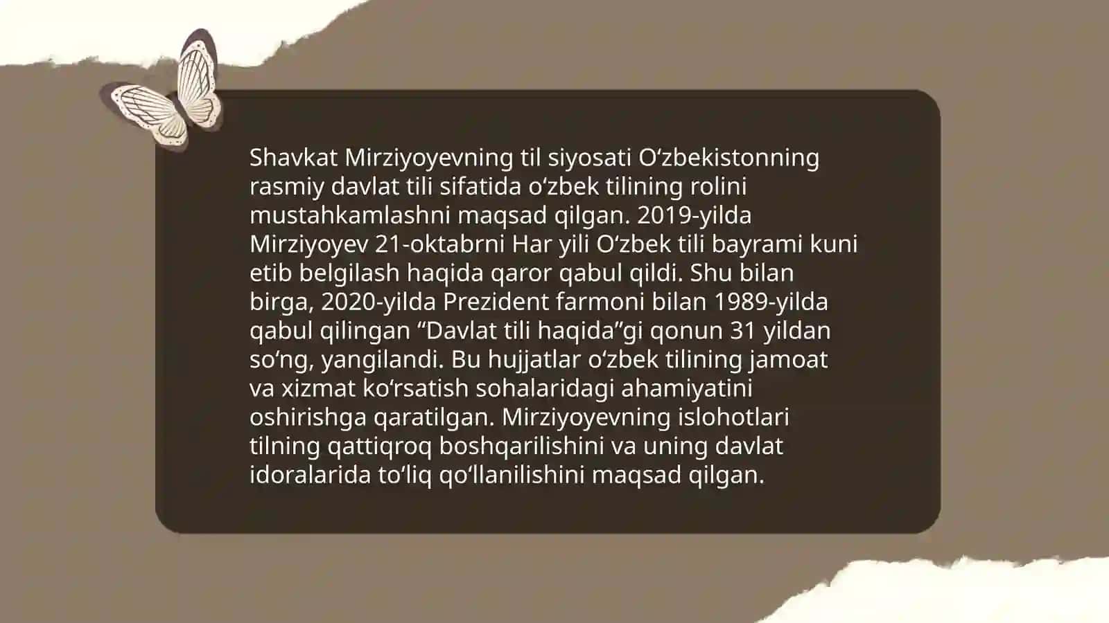Oʻzbek tilining davlat tili sifatidagi nufuzi va mavqeyini tubdan oshirish toʻgʻrisida 4