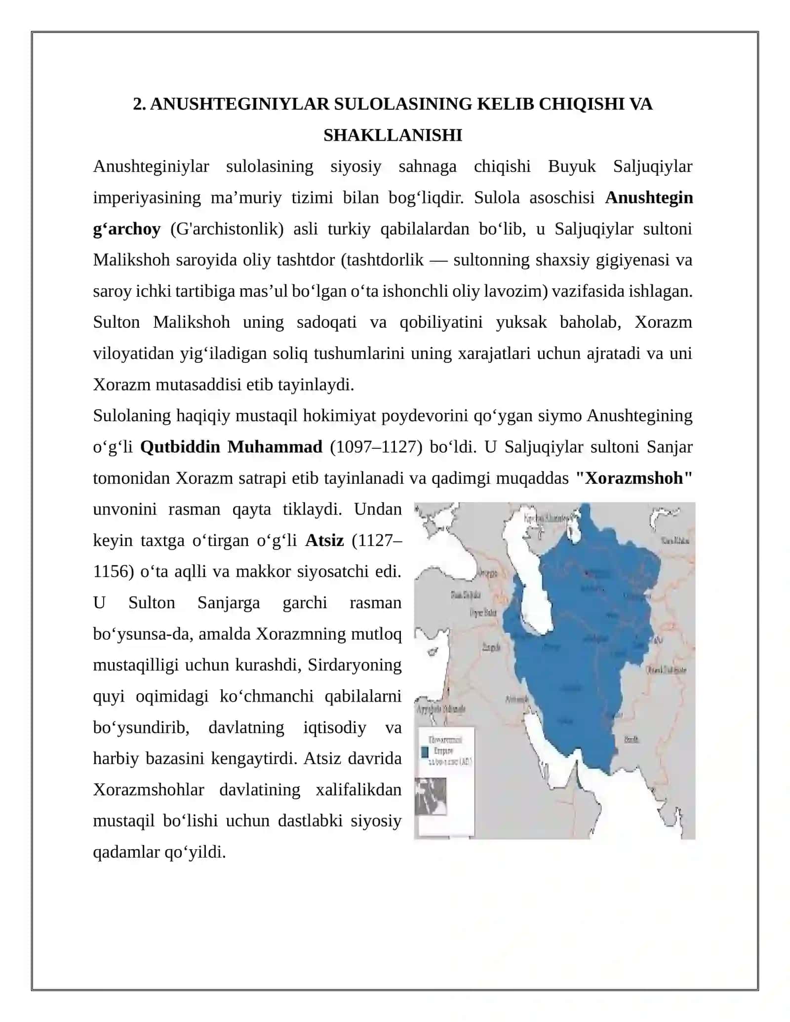 ANUSHTEGINIYLAR VA XORAZMSHOHLAR IMPERIYASI: TASHKIL TOPISHI, SIYOSIY QUDRATI VA SHARQ OLAMIDAGI HUKMRONLIGI 4