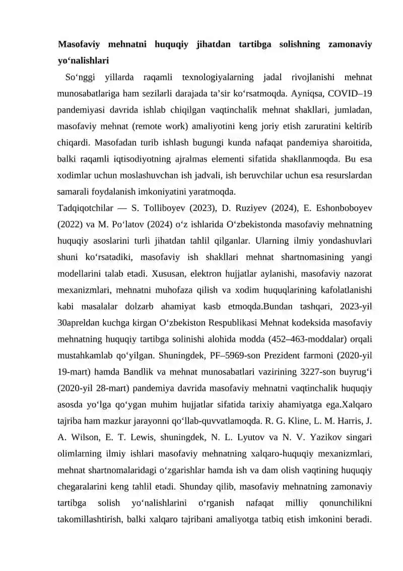 Masofadan turib ishlovchi xodimlarning mehnatini huquqiy jihatdan tartibga solishning o‘ziga xos xususiyatları 4