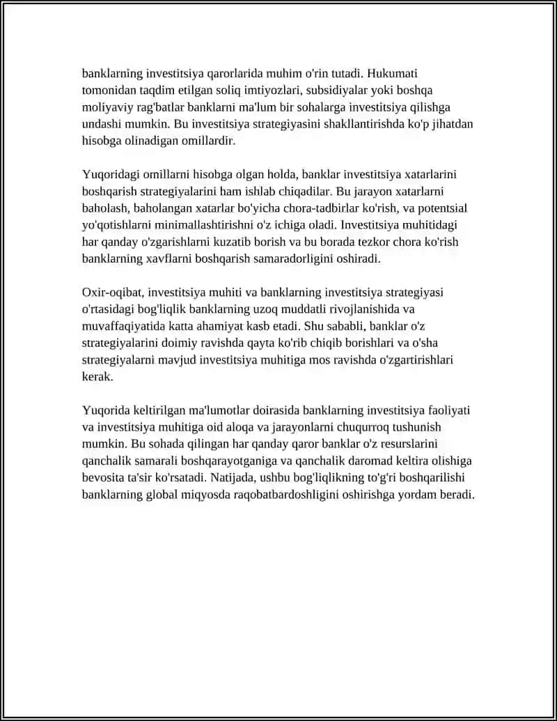 BANKLARNING INVESTITSIYA FAOLIYATINI RIVOJLANTIRISHDA INVESTITSIYA MUHITINING ROLI 4