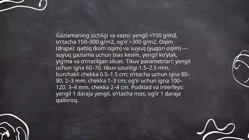 Gazlamalardan kiyim tikish tayorlashning o‘ziga xos xususiyatlari 4