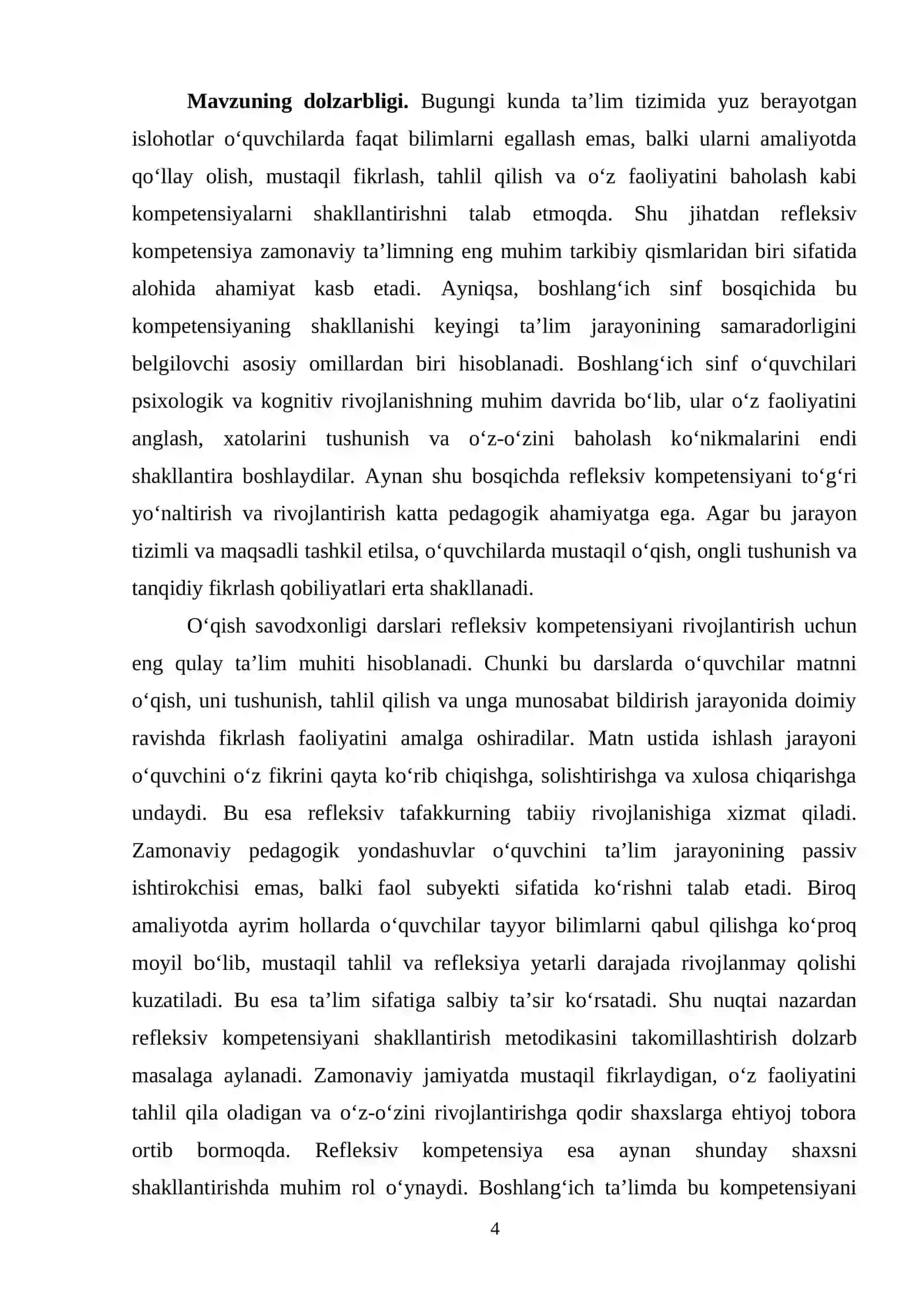BOSHLANG'ICH SINF O'QISH SAVODXONLIGI DARSLARIDA REFLEKSIV KOMPETENSIYANI SHAKLLANTIRISH METODIKASI 4