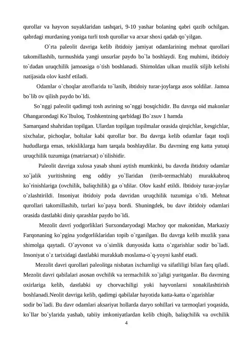 O`zbеkiston insoniyat taraqqiyotining qadimgi o`choqlaridan biri 4