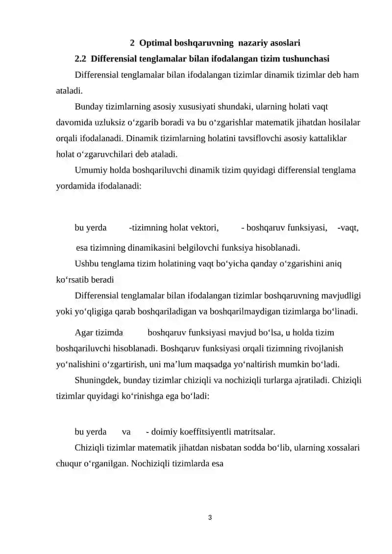 differensial tenglamalar bilan ifodalanadigan tizmlarda optimal boshqaruv 4