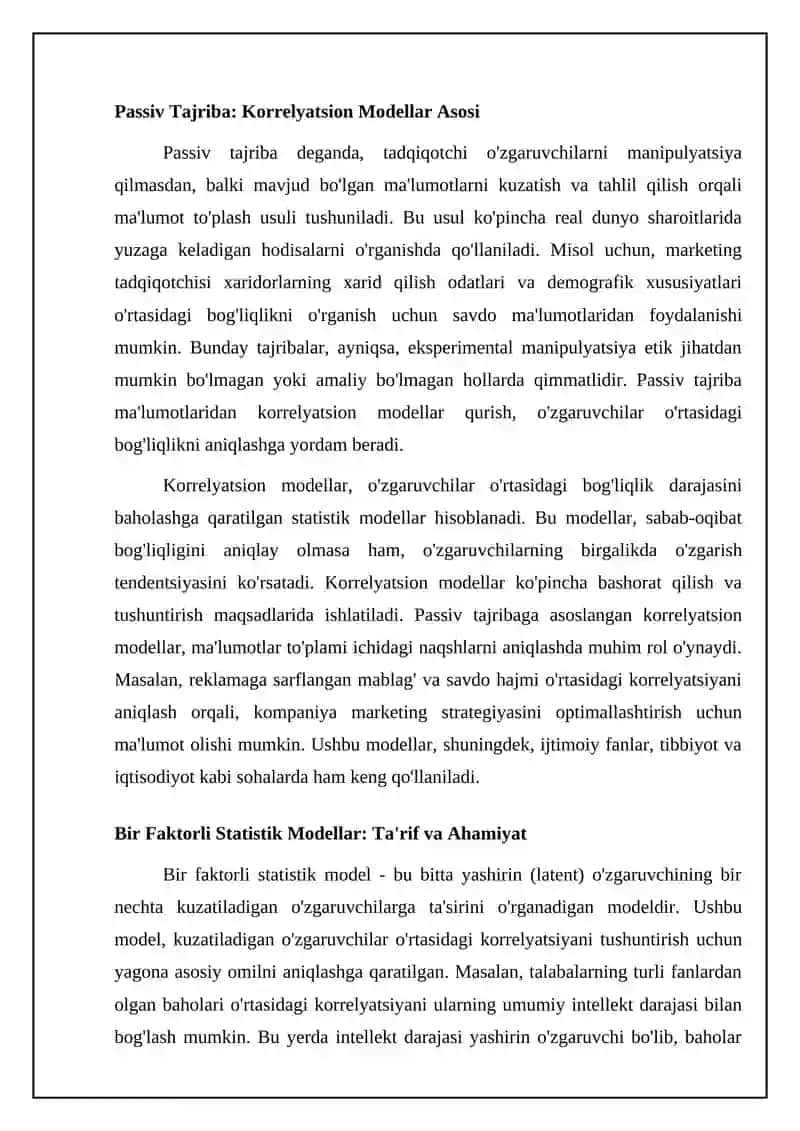 Passiv tajribaga asoslangan korrelyatsion bir faktorli statistik modellar 4
