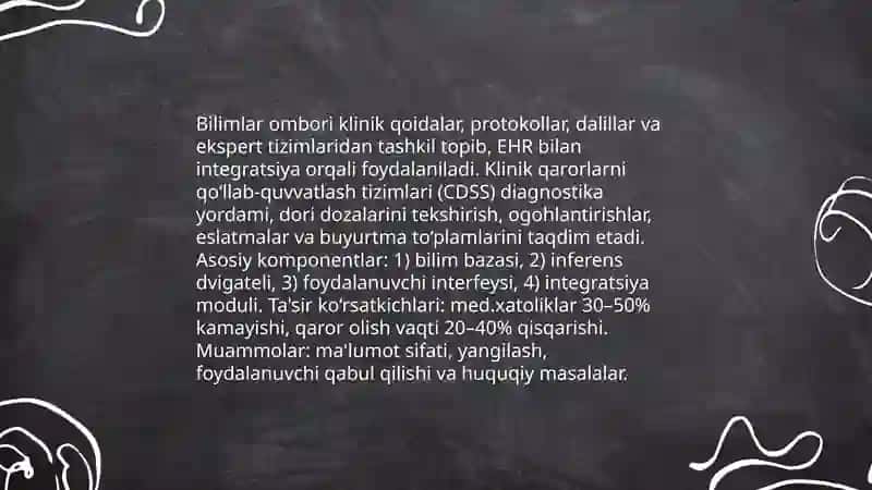Tibbiyotda ma'lumotlar ombori va bilimlar omboridan foydalanish Diyorbek ilyosov 4