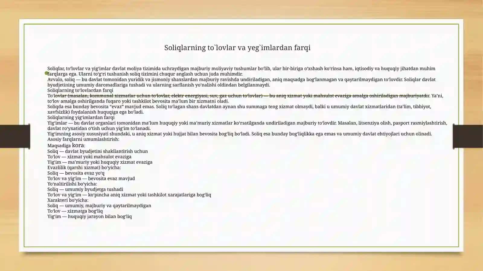 Soliq huquqi fanidan 1-Mavzu: Soliq tushunchasi. Uning to'lovlari va yig'imlardan farqi vazifa prinsipi 4