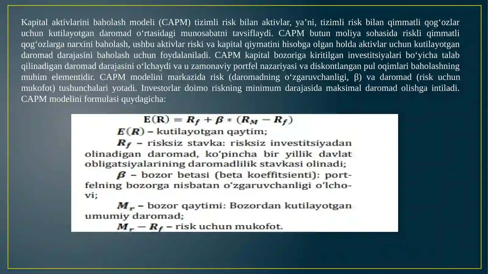 Kapital aktivlarni baholash modeli va undagi asosiy indikatorlar 4