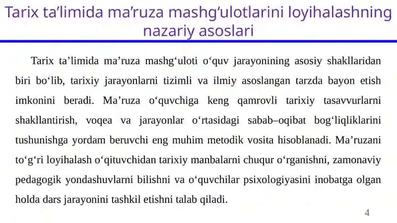 Tarix fanini o‘qitishda ma’ruza va seminar mashg‘ulotlarini loyihalashtirish 4