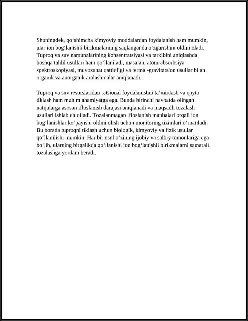 Tuproq va suvning Ifloslanishida Ion Bog'lanishli Birikmalarni Aniqlash va Ularni Tozalash G'oyasini Ishlab Chiqish 4