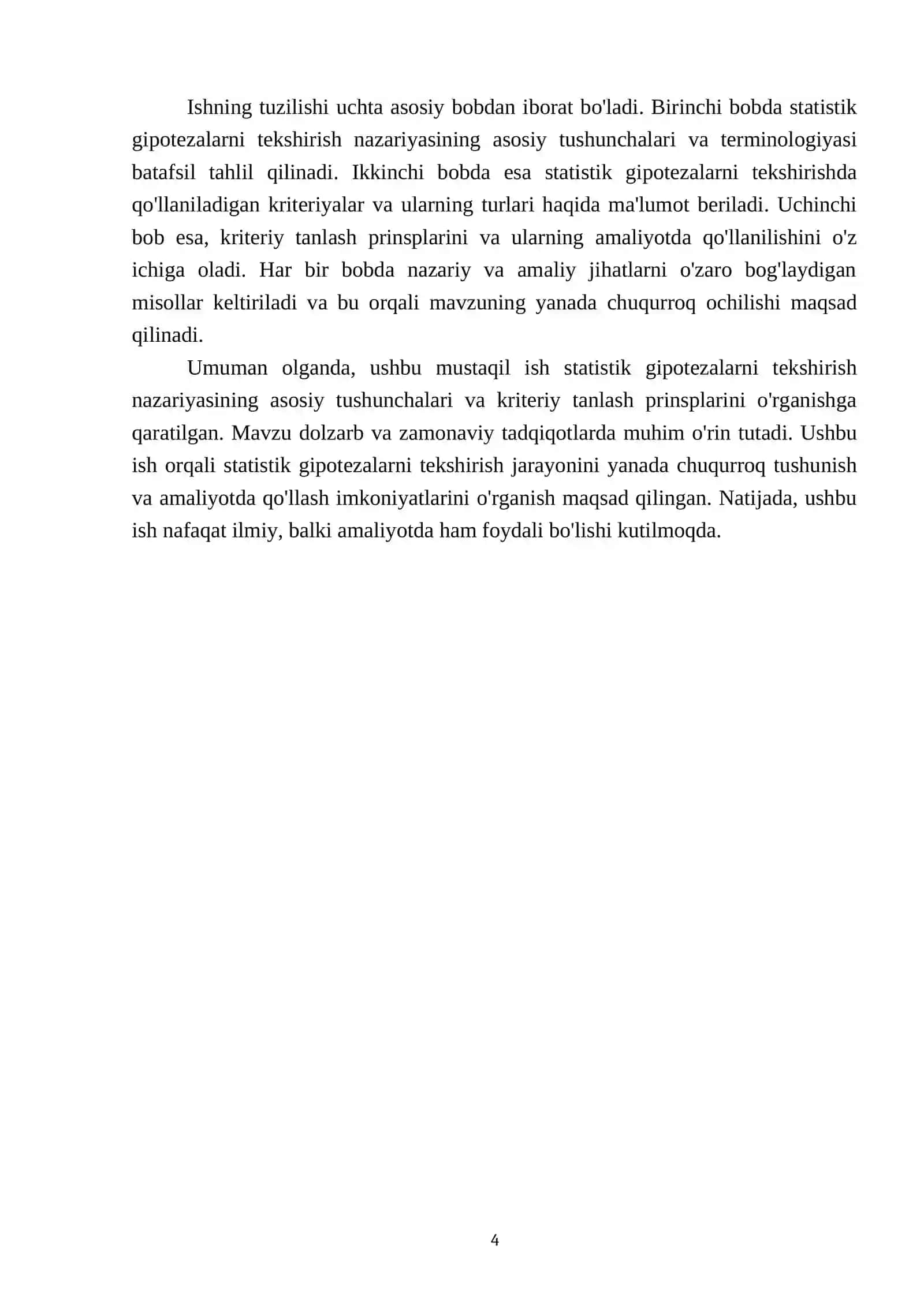 MUSTAQIL ISHI Mavzu: Statistik gipotezalarni tekshirish nazariyasining umumiy tushunchalari. Statistik gipotezalarni tekshirish uchun kriteriy tanlash prinsplari 4