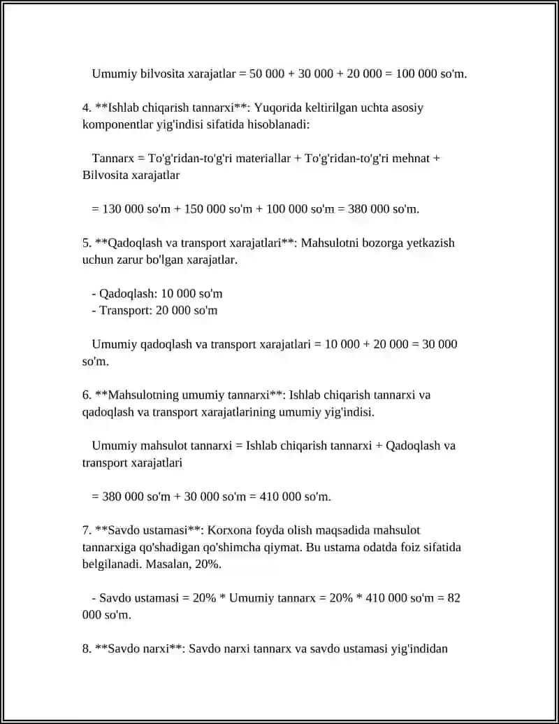KORXONA MAHSULOTLARIGA (XIZMATLARINI, ISHLARINI) NARXNI SHAKLLANTIRISH 4