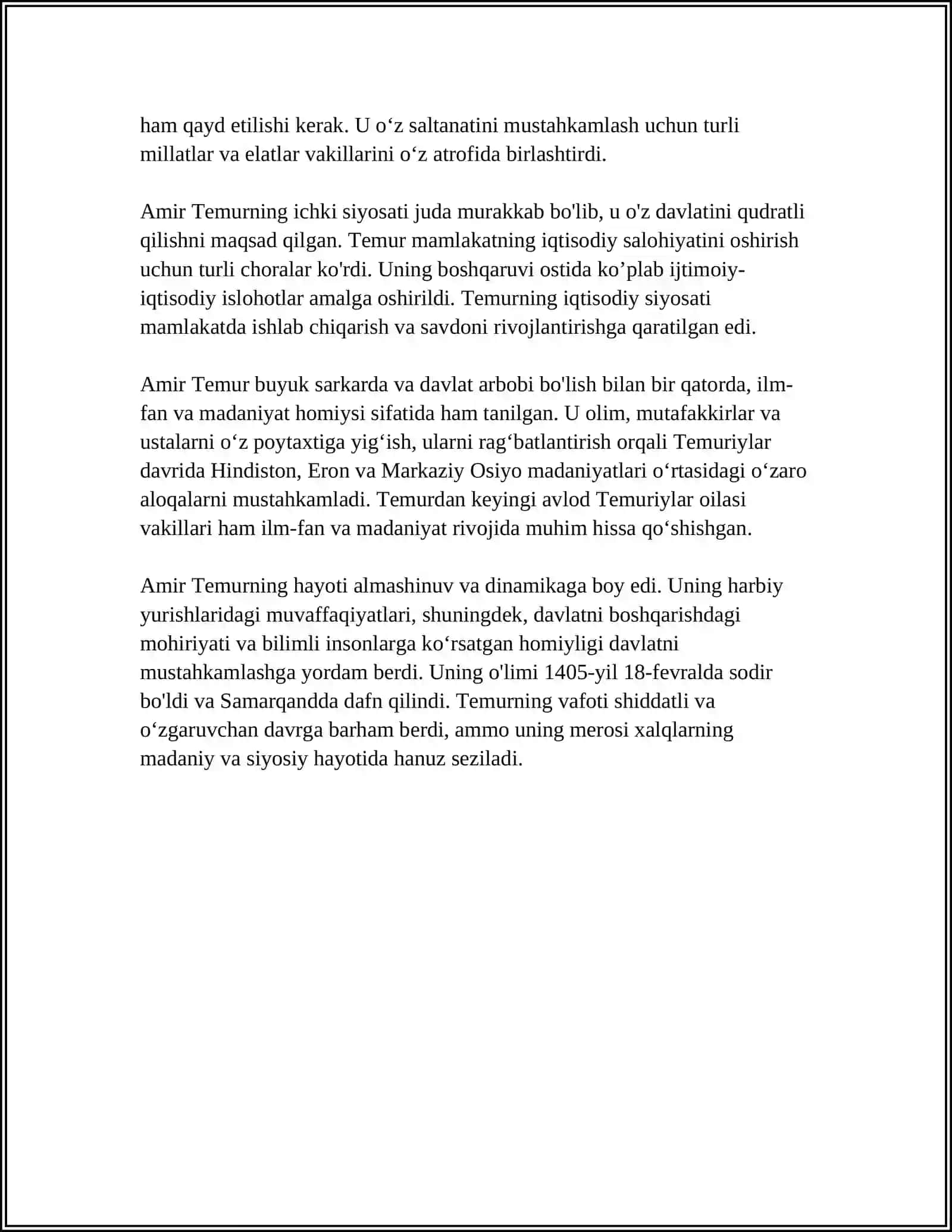 AMIR TEMUR O'RTA ASRNING YIRIK DAVLAT ARBOBI, BUYUK SARKARDA, KUCHLI, MARKAZLASHGAN DAVLAT ASOSCHISI, ILM-FAN VA MADANIYAT HOMIYSI 4