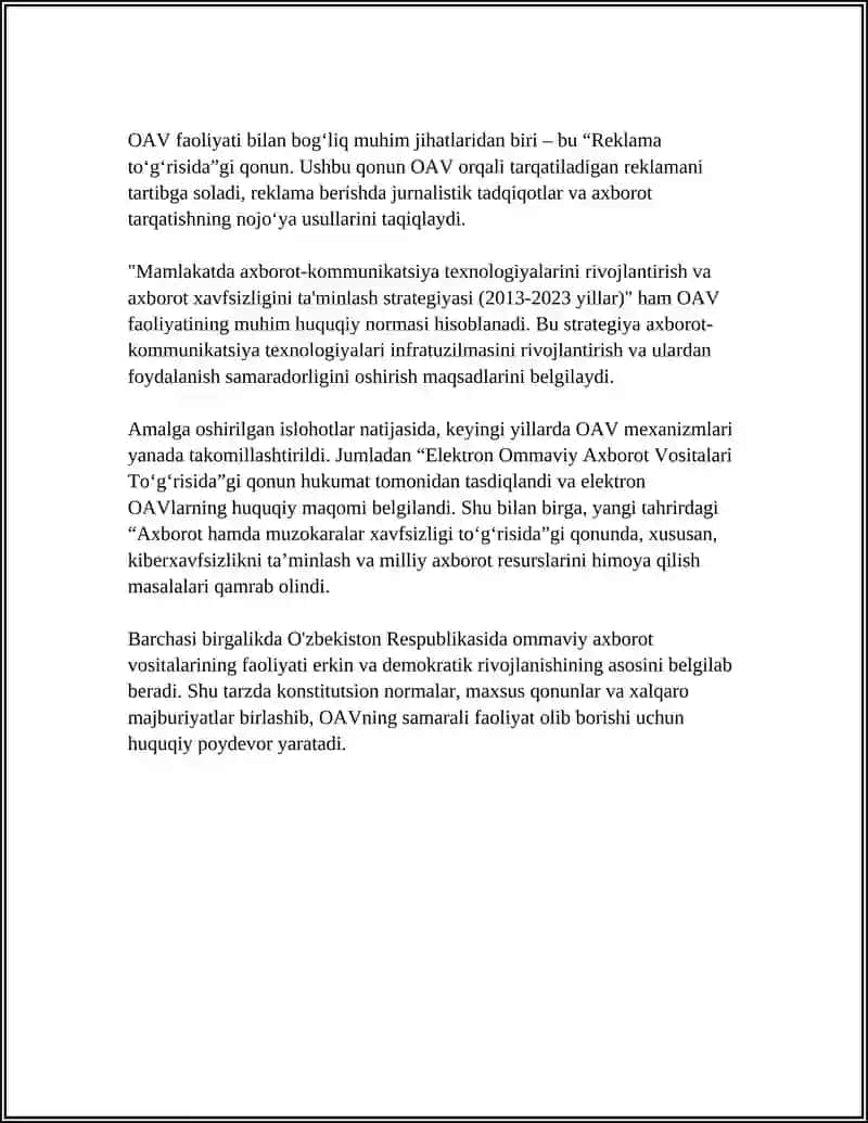 OAV faoliyatining huquqiy-asosiy normalari O'zbekistonda 4