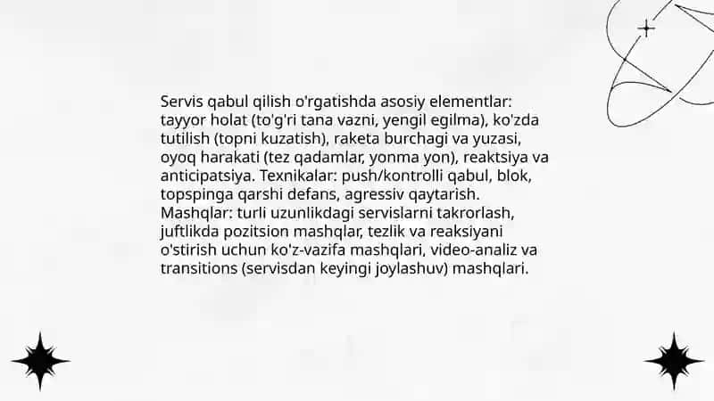 Stol tennisi o'yinida uchraydigan holat va harakatlarga o'rgatish 4