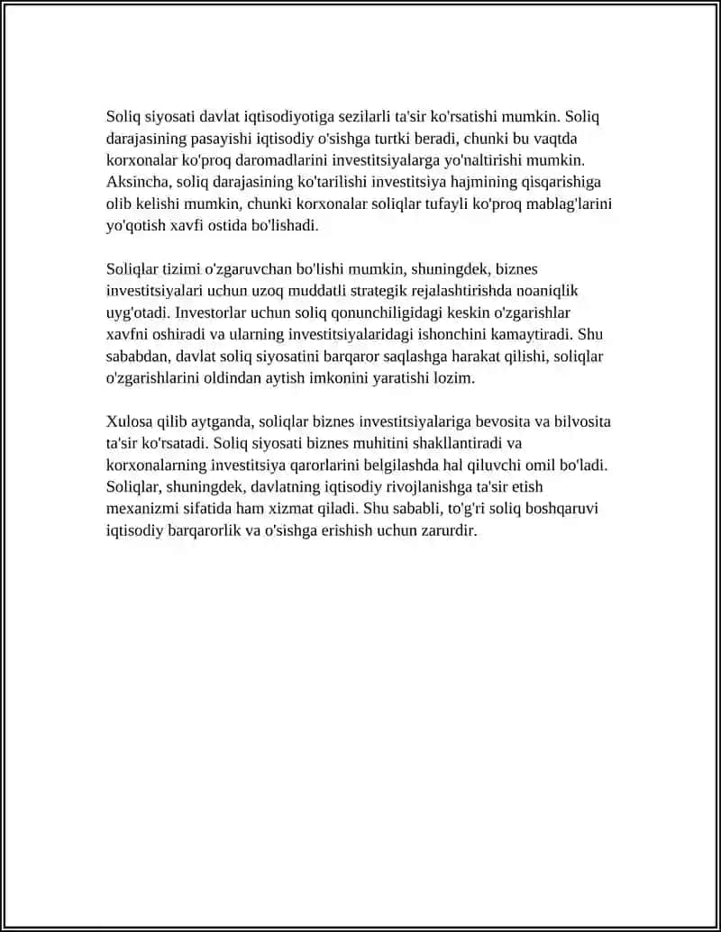 SOLIQLARNING BIZNES INVESTITSIYALARIGA TA`SIR QILISHNING O`ZIGA XOS XUSUSIYATLARI 4