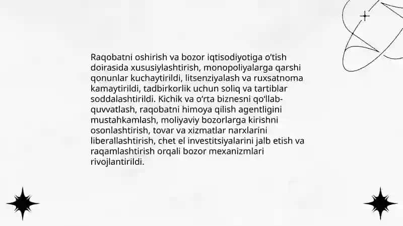 M13 O’zbekiston Respublikasi prezidenti Sh.M. Mirziyoyevning keng ko’lamli iqtisodiy islohotlari va uning mazmuni 4
