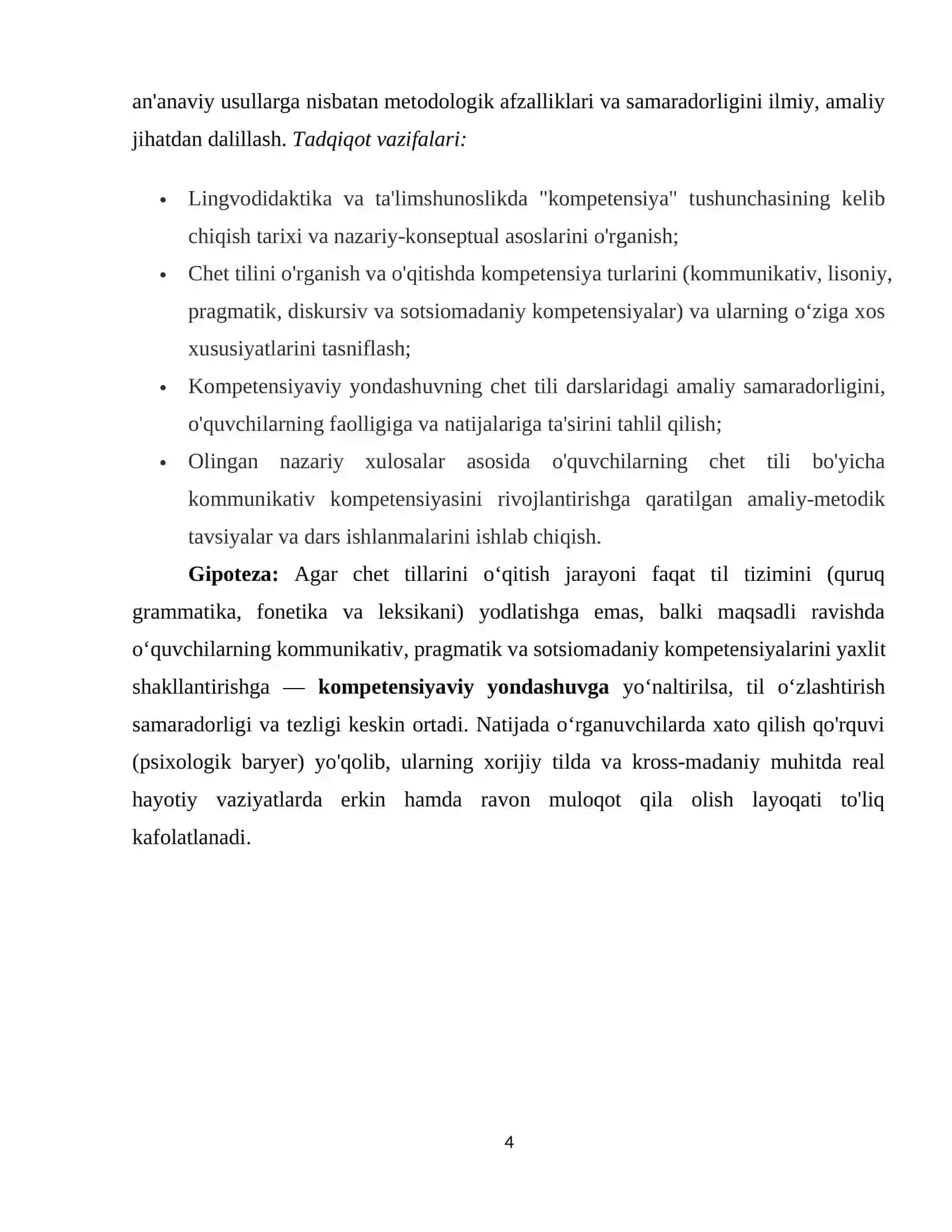 Kompetensiya tushunchasi va uning lingvodidaktik talqini: nazariy asoslar, turlari va chet tillarni o‘qitishdagi kompetensiyaviy yondashuvning samaradorligi 4