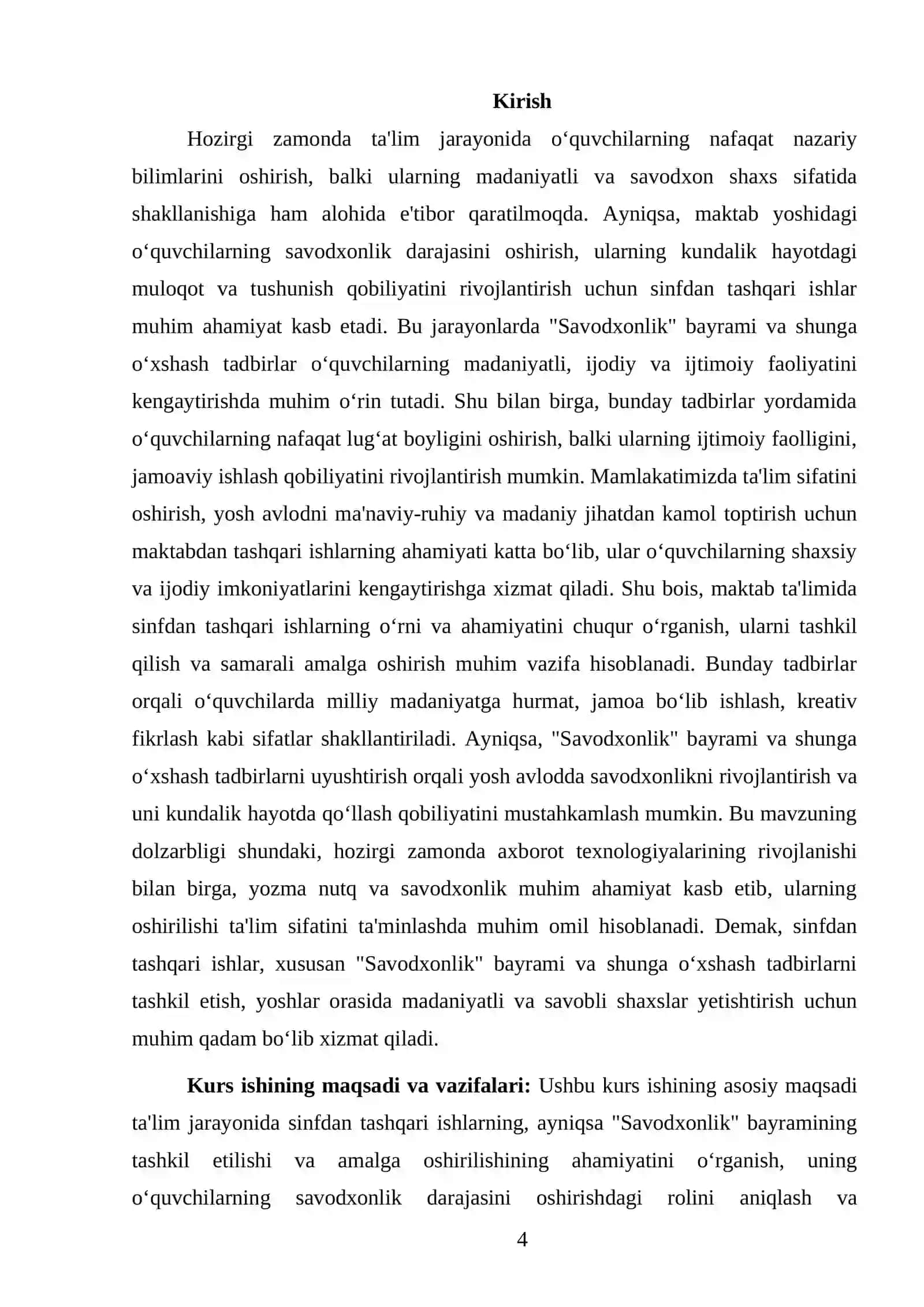 ONA TILI-OQISH SAVODXONLIGI VA UNI OʻQITISH METODIKASI FANIDAN TAYYORLAGAN KURS ISHI 4