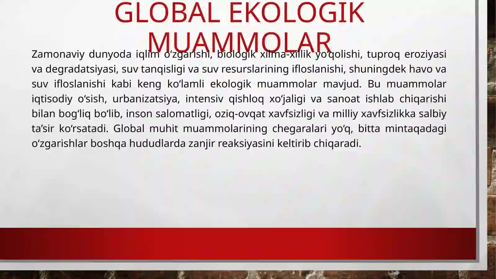Ekologiya va xalqaro hamkorlik. Barqaror rivojlanish va uning ekologik jihatlari 4