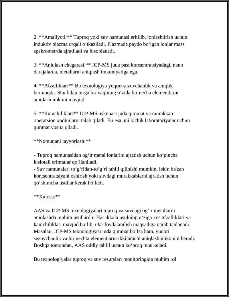 Tuproq va suvda ion bogʻlanishli ogʻir metal birikmalarni aniqlash usullari (AAS, ICP-MS) 4