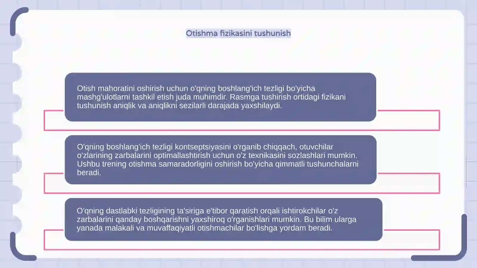 Oʻqning boshlangʻich tezligi va otishga taʼsiri boʻyicha mashgʻulotlarni tashkillash 4