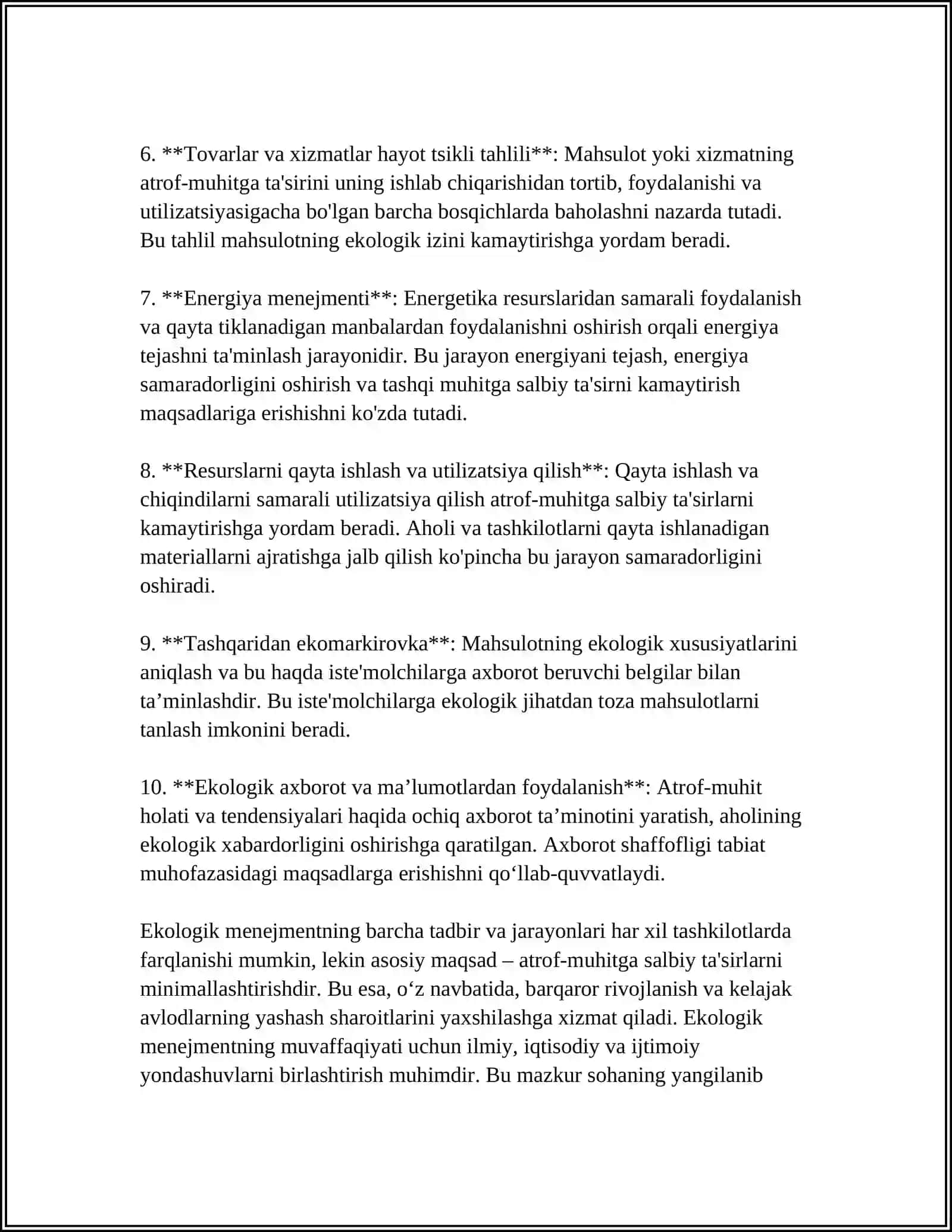 EKOLOGIK MENEJMENT BOSQICHLARI, FUNKSIONAL QUYI TIZIMLARI VA VOSITALARI 4