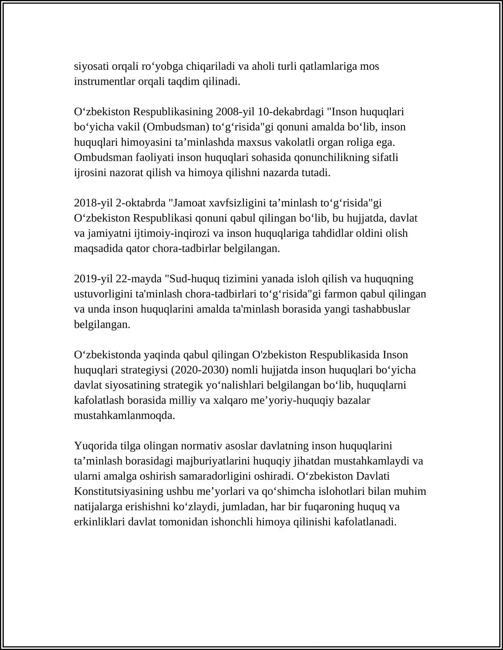 YANGI O‘ZBEKISTONDA INSON HAQ-HUQUQLARI VA ERKINLIKLARINI KAFOLATINING YARATILISHI 4